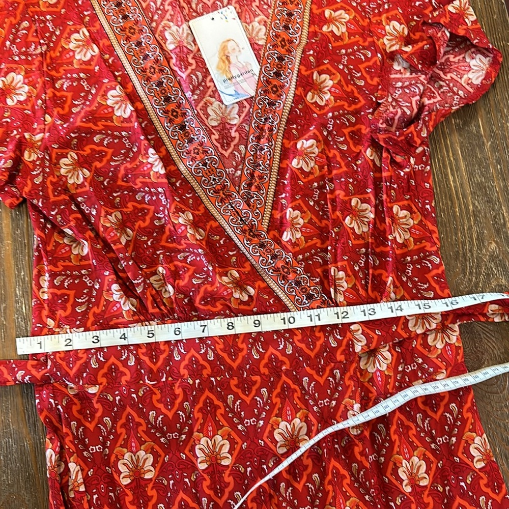 NEW Sexy Boho Style Wrap Floral Print Summer Long Red gold V-Neck Maxi Dress M - Picture 15 of 17